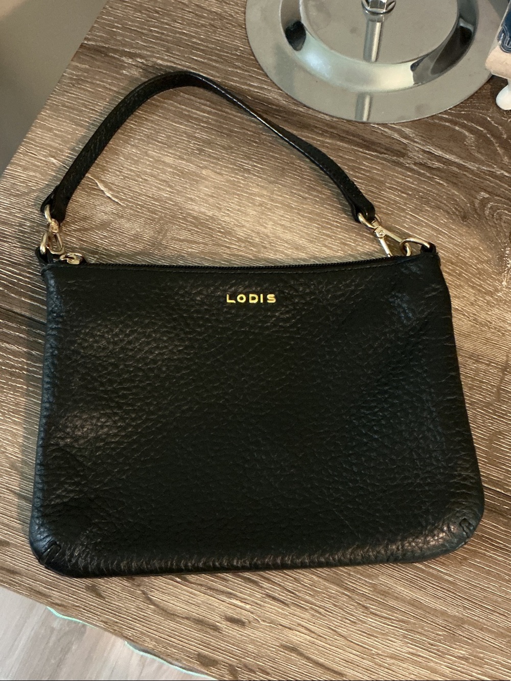 Lodis Black Pebbled Leather Shoulder Bag Gold Logo 9x7 Burgundy Lining EUC